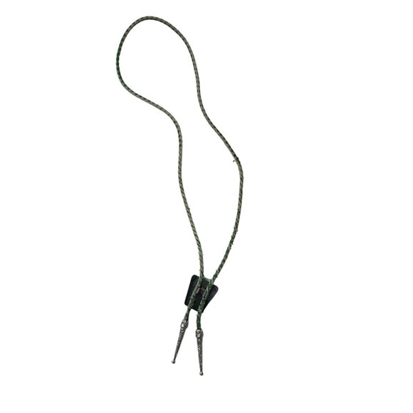 VINTAGE Southwestern Bolo Tie Green Turquoise‎ Stone Braided Leather Silver - Picture 5 of 8